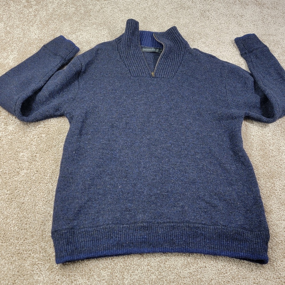 IrelandsEye Dublin Mens XL Navy Blue 100% Wool Quarter Zip Knit Sweater Ireland